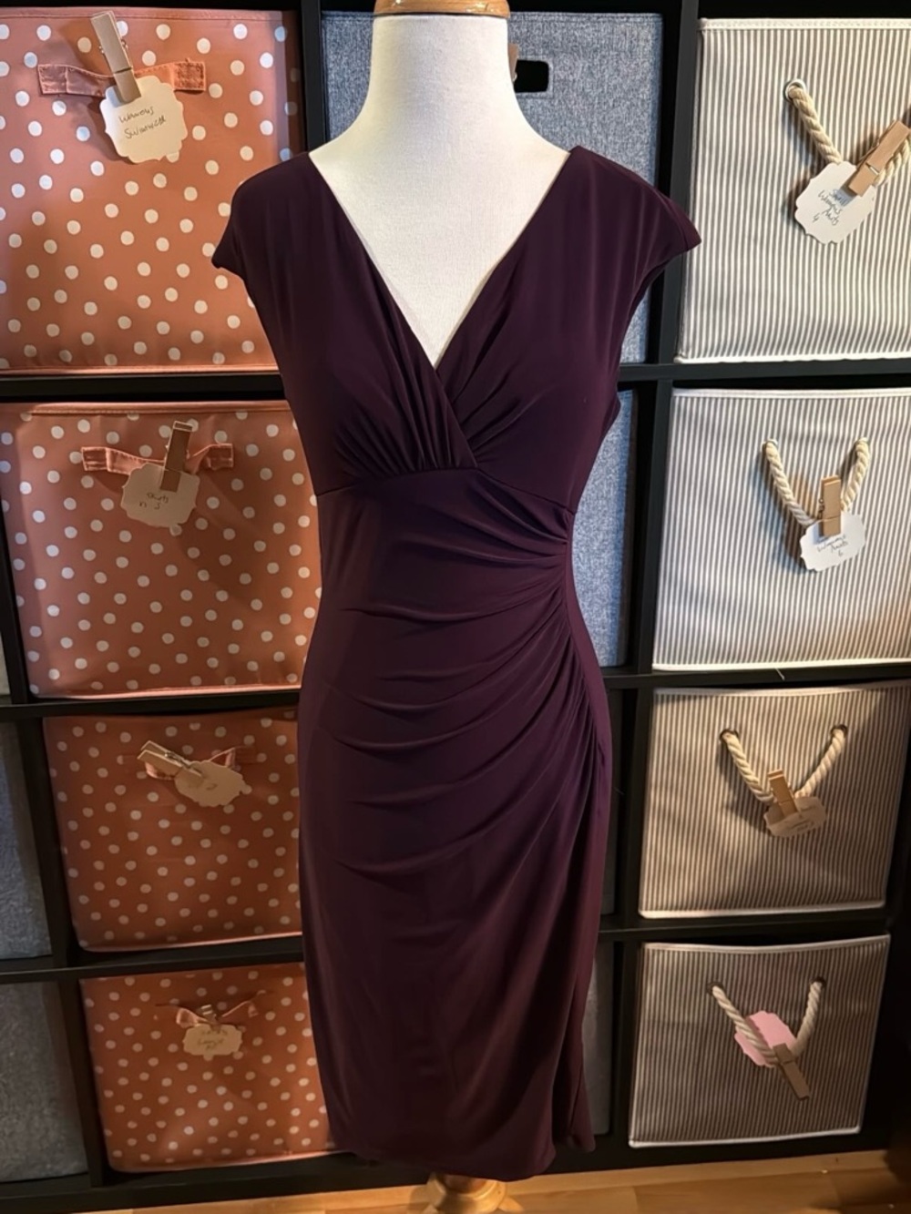 Ralph Lauren Elegant V-Neck Ruched Sheath Dress - Deep Plum